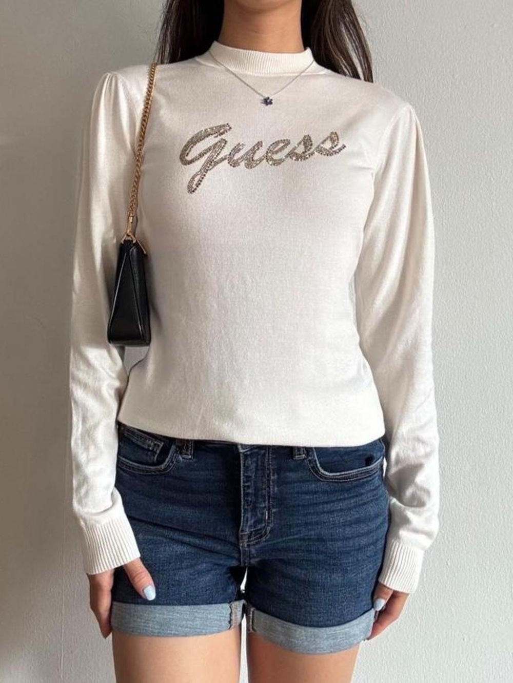 Guess white long sleeve mock neck top with rhinestone logo